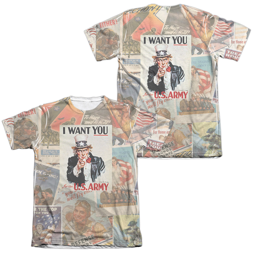 Army/vintage Collage (front/back Print)-adult Poly/cotton S/s Tee-white