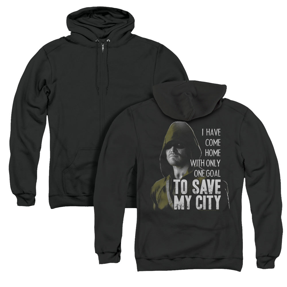 Arrow/save My City (back Print) - Adult Zipper Hoodie-black