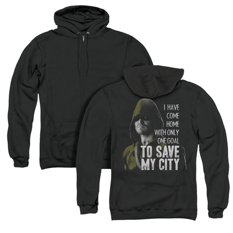 Arrow/save My City (back Print) - Adult Zipper Hoodie-black