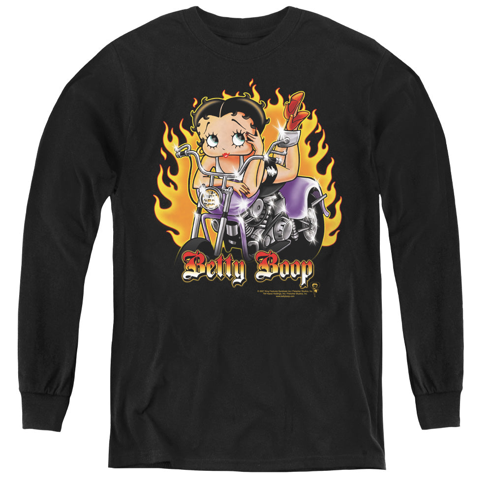 Betty Boop/biker Flames Boop - Youth Long Sleeve Tee - Black