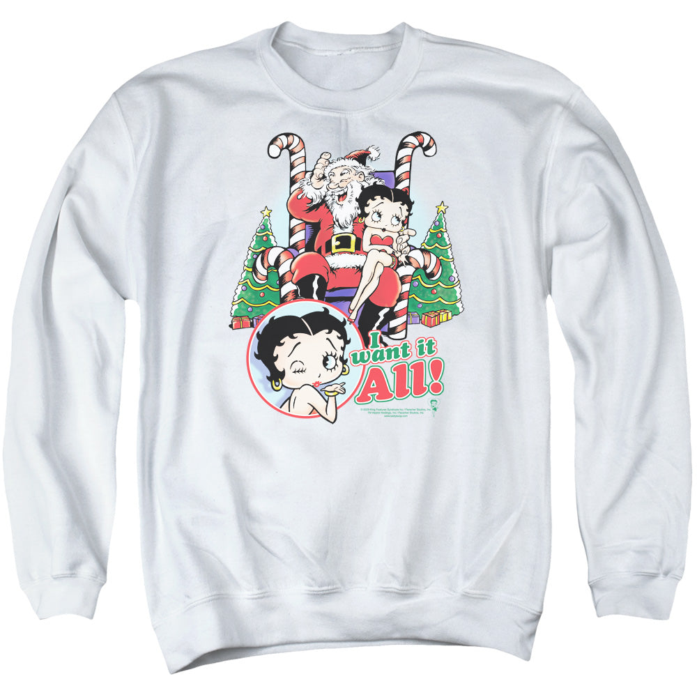 Betty Boop/i Want It All - Adult Crewneck Sweatshirt - White