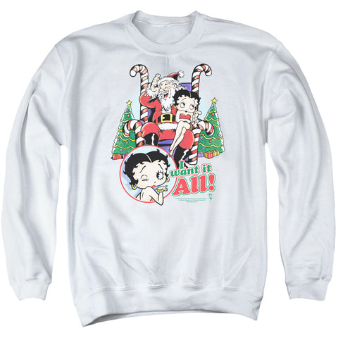 Betty Boop/i Want It All - Adult Crewneck Sweatshirt - White