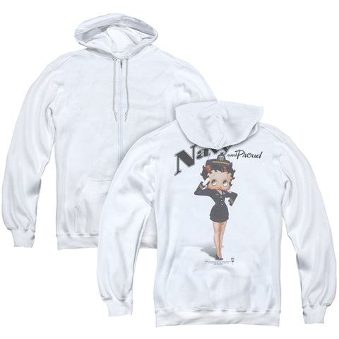 Betty Boop/navy Boop (back Print) - Adult Zipper Hoodie - White