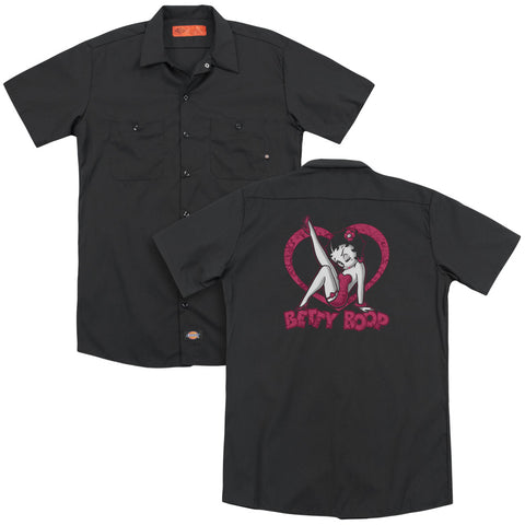 Betty Boop/scrolling Hearts (back Print) - Adult Work Shirt - Black
