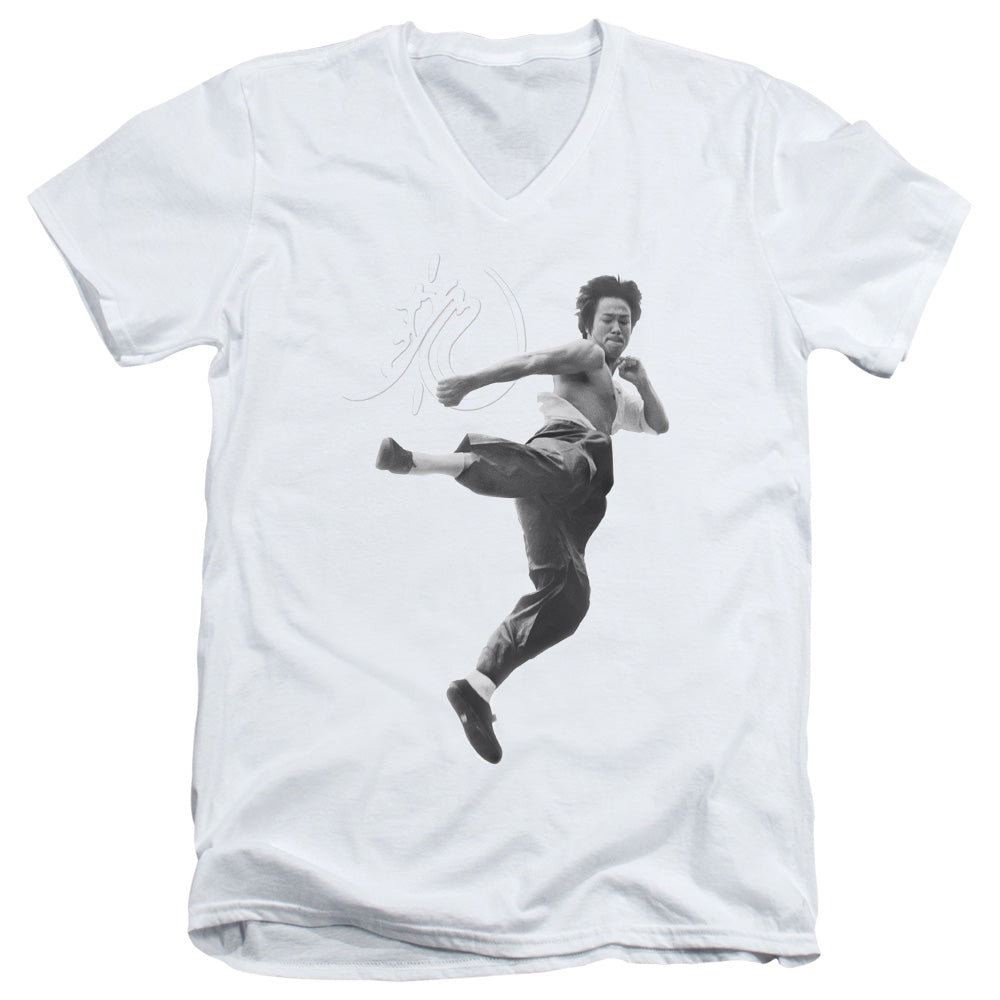 Bruce Lee/flying Kick - S/s Adult V-neck 30/1 - White