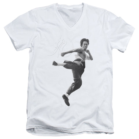Bruce Lee/flying Kick - S/s Adult V-neck 30/1 - White