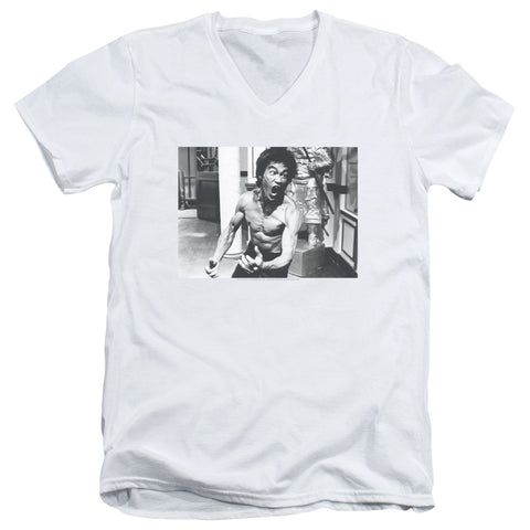 Bruce Lee/full Of Fury - S/s Adult V-neck 30/1 - White