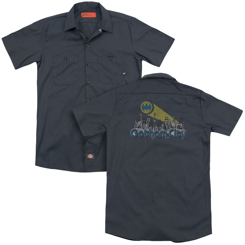 Batman/gotham City Distressed (back Print) - Adult Work Shirt - Charcoal