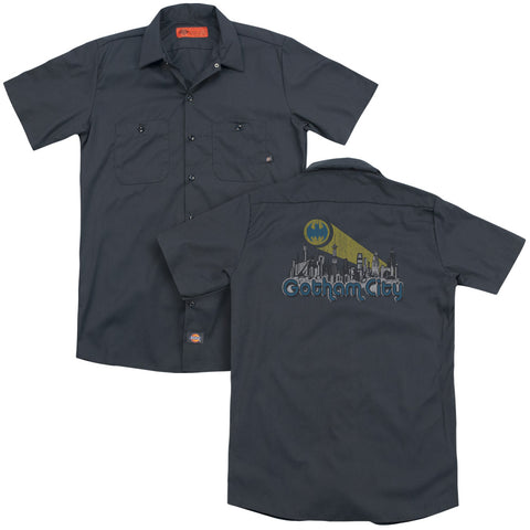 Batman/gotham City Distressed (back Print) - Adult Work Shirt - Charcoal