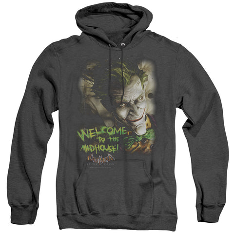 Batman Aa/welcome To The Madhouse - Adult Heather Hoodie - Black