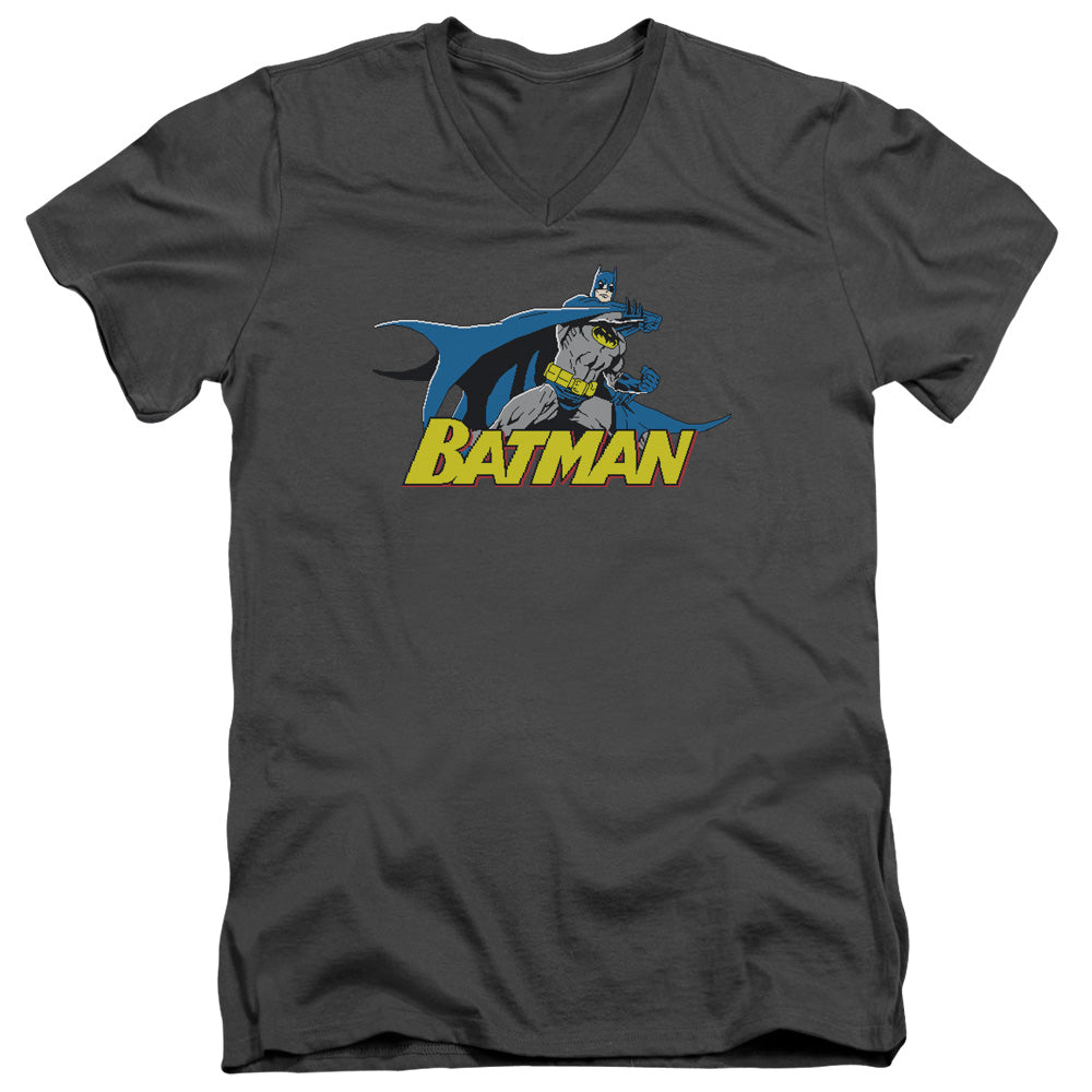 Batman/8 Bit Cape - S/s Adult V-neck 30/1 - Charcoal