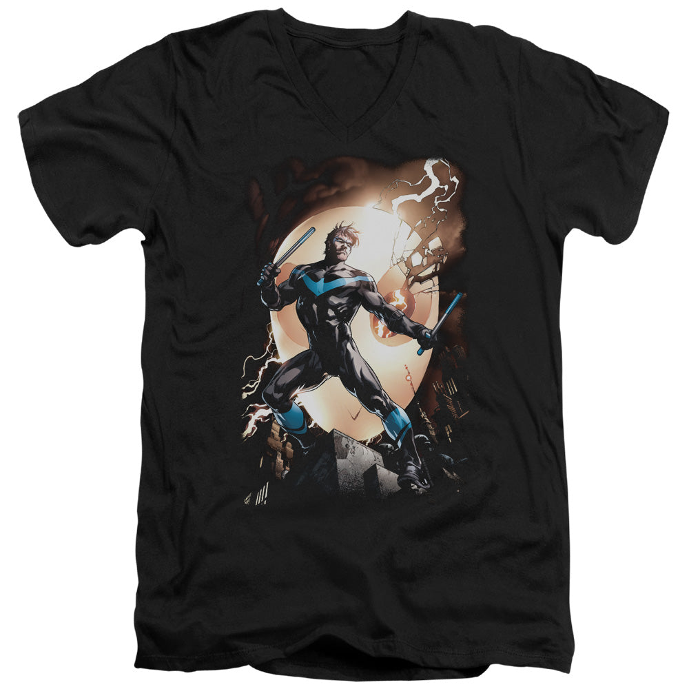 Batman/nightwing Against Owls-s/s Adult V-neck 30/1-black