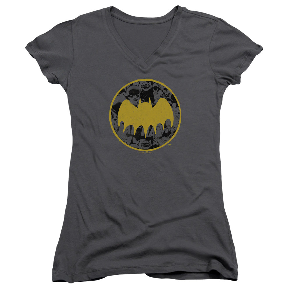 Batman/vintage Symbol Collage-junior V-neck-charcoal