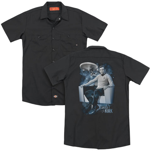 Star Trek/captains Chair (back Print) - Adult Work Shirt - Black