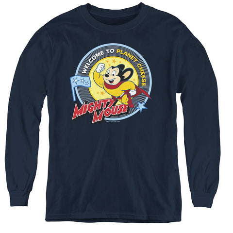 Mighty Mouse/planet Cheese - Youth Long Sleeve Tee - Navy
