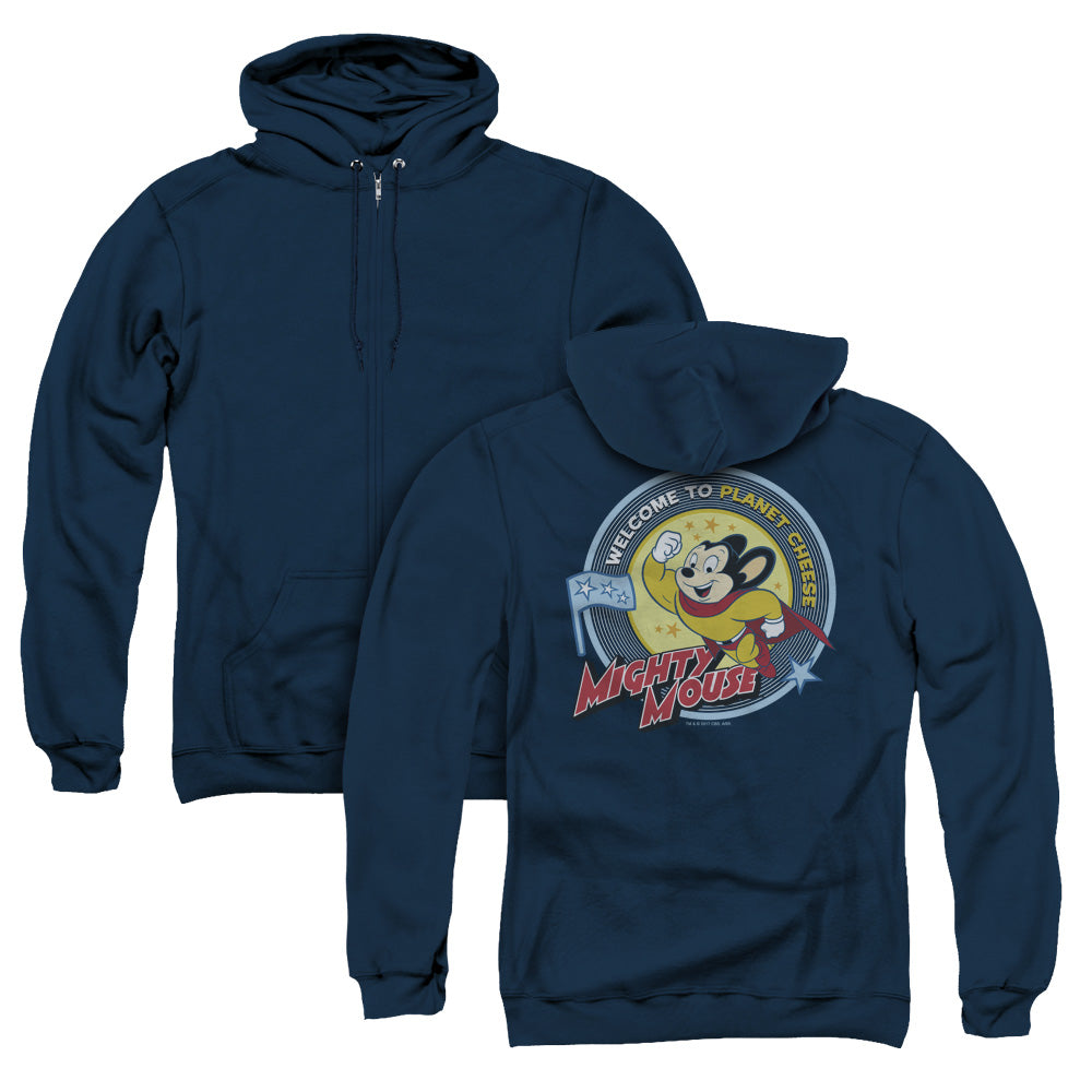 Mighty Mouse/planet Cheese (back Print) - Adult Zipper Hoodie - Navy