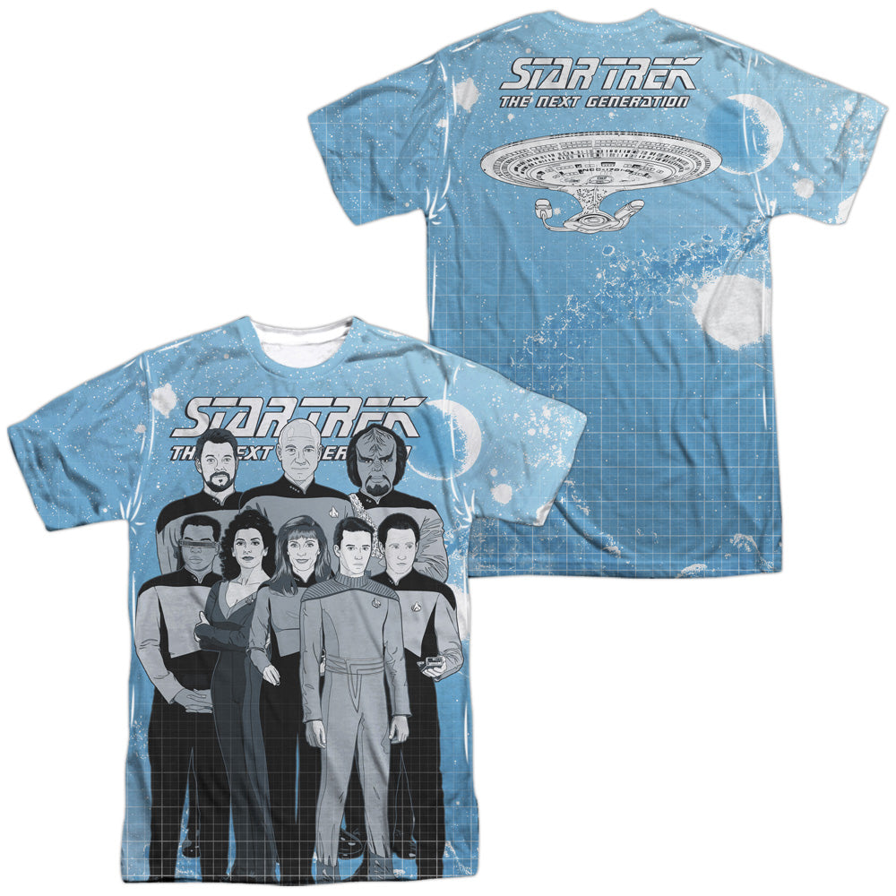 Star Trek/tng Comic Cast (front/back Print)-s/s Adult Poly Crew-white