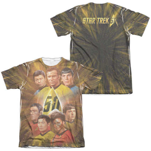 Star Trek/50th Anniversary Crew (front/back Print)-adult Poly/cotton S/s Tee-white