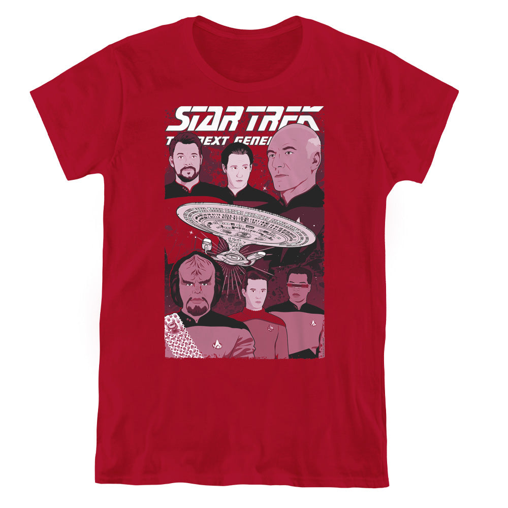 Star Trek/captain And Crew-s/s Womens Tee-cardinal