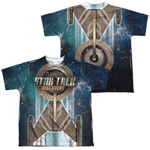 Star Trek Discovery/uss Discovery (front/back Print)-s/s Youth Poly Crew-white