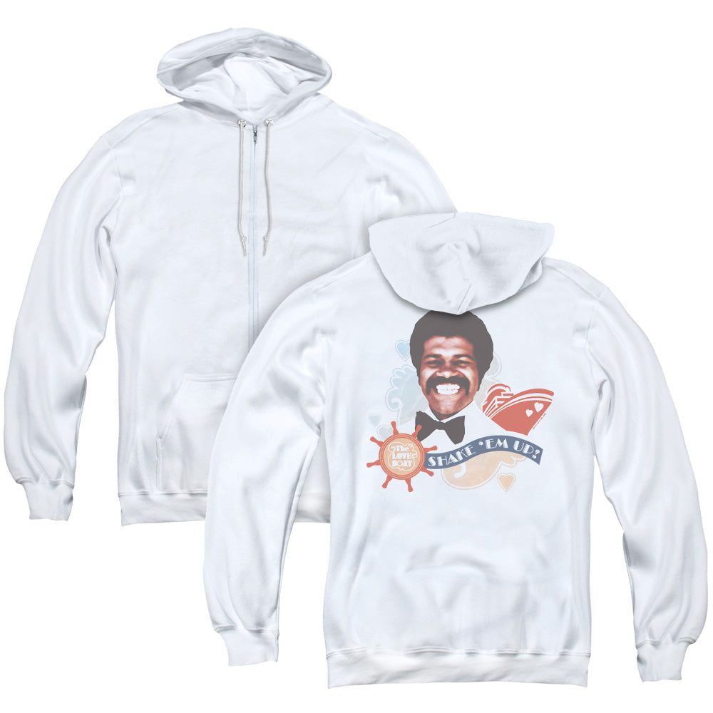 Love Boat/shake Em Up (back Print) - Adult Zipper Hoodie - White