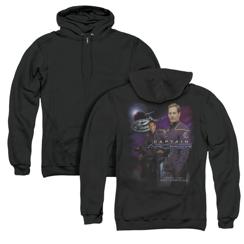 Star Trek/captain Archer (back Print) - Adult Zipper Hoodie - Black