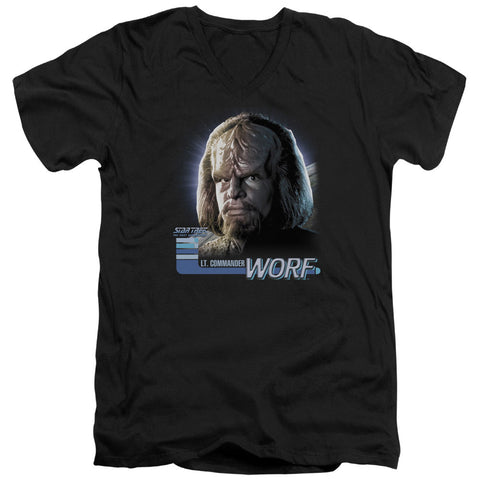 Star Trek/tng Worf - S/s Adult V-neck - Black