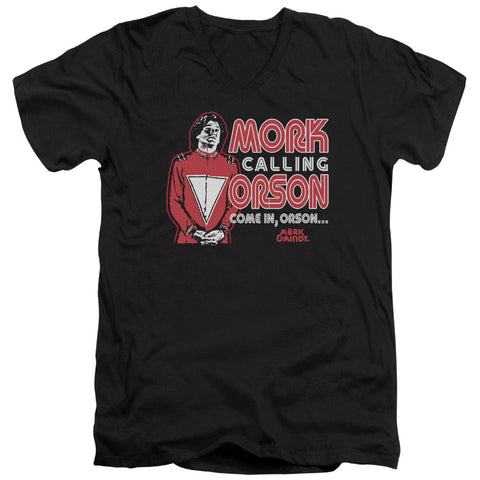 Mork & Mindy/mork Calling Orson - S/s Adult V-neck - Black