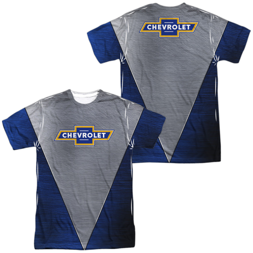 Chevrolet/shiny Chevy Logo (front/back Print)-s/s Adult Poly Crew-white