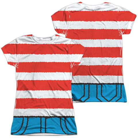 Wheres Waldo/waldo Costume (front/back Print)-s/s Junior Poly Crew-white