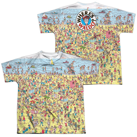 Wheres Waldo/beach Scene (front/back Print)-s/s Youth Poly Crew-white