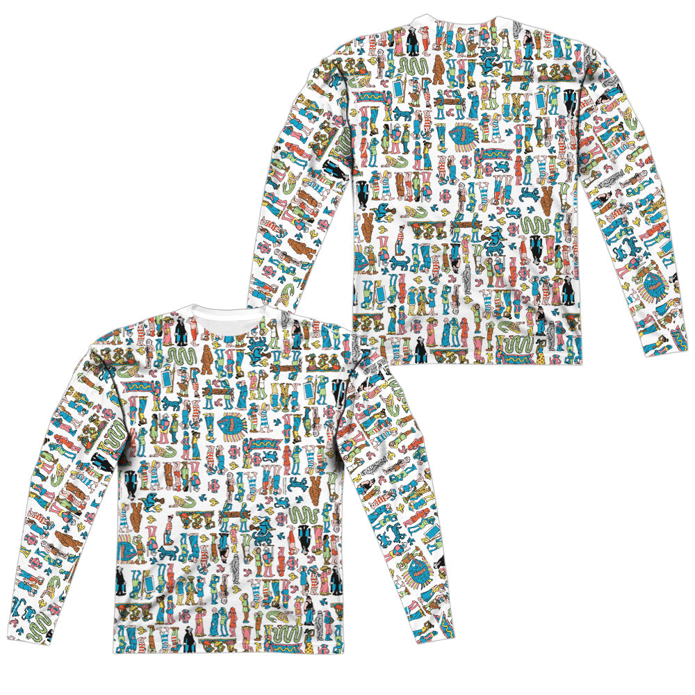 Wheres Waldo/figures (front/back Print)-l/s Adult Poly Crew -white