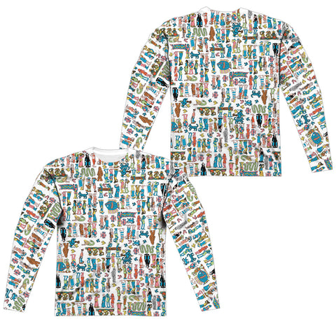 Wheres Waldo/figures (front/back Print)-l/s Adult Poly Crew -white
