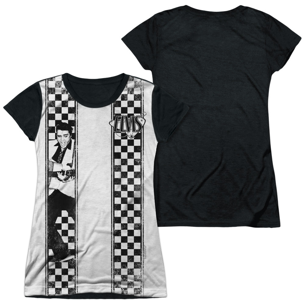 Elvis Presley/checkered Bowling Shirt-s/s Junior Poly Black Back-white