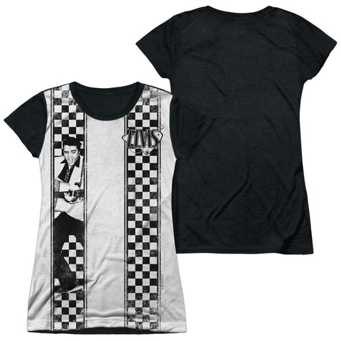 Elvis Presley/checkered Bowling Shirt-s/s Junior Poly Black Back-white