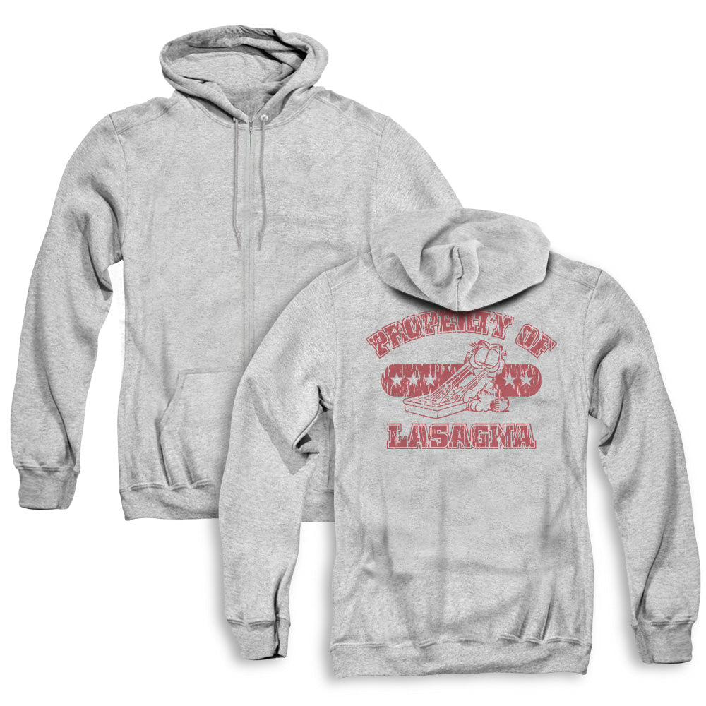 Garfield/property Of Lasagna (back Print) - Adult Zipper Hoodie - Athletic Heather