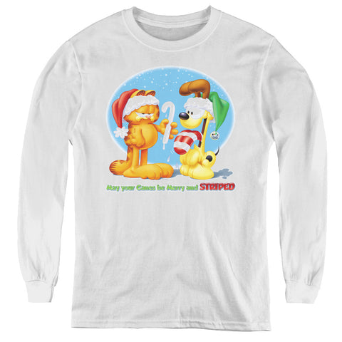 Garfield/merry And Striped - Youth Long Sleeve Tee - White