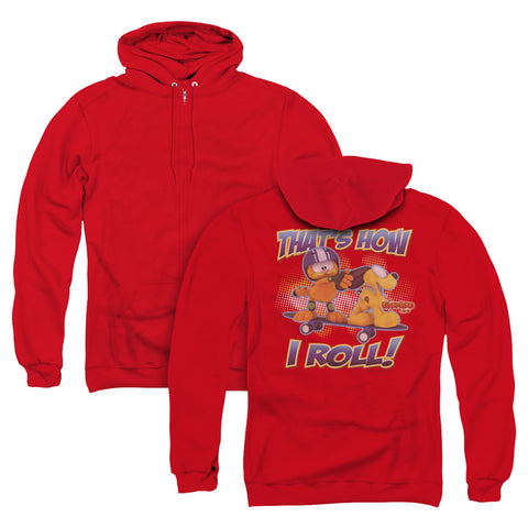Garfield/how I Roll (back Print) - Adult Zipper Hoodie - Red