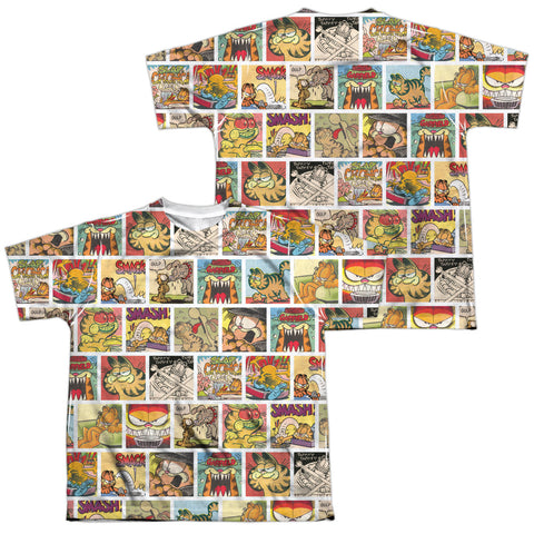 Garfield/collage (front/back Print)-s/s Youth Poly Crew-white