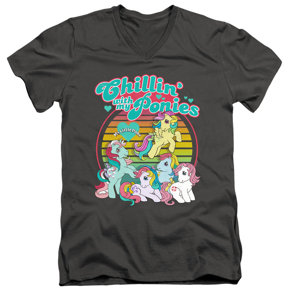 My Little Pony Retro/chillin With My Ponies-s/s Adult V-neck 30/1-charcoal