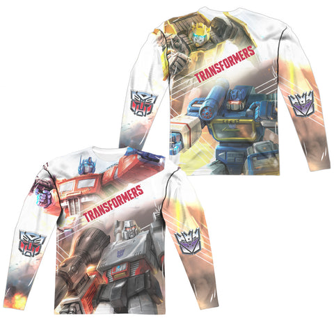 Transformers/warriors Of Cybertron (front/back Print)-l/s Adult Poly Crew -white