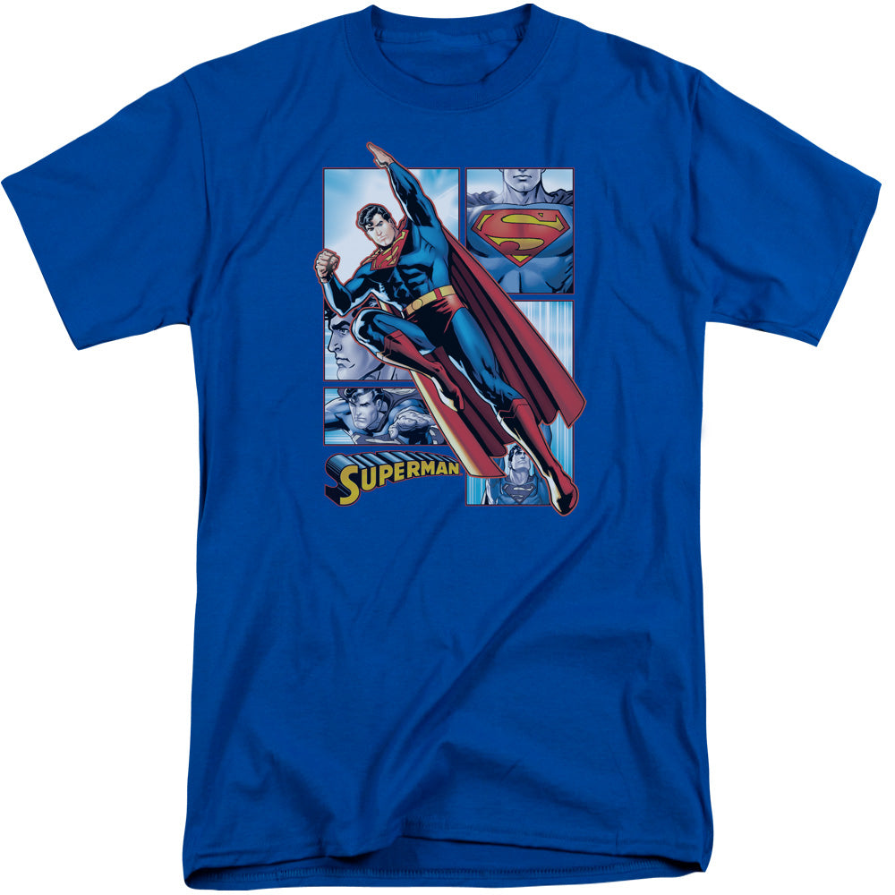 Jla/superman Panels-s/s Adult Tall-royal Blue