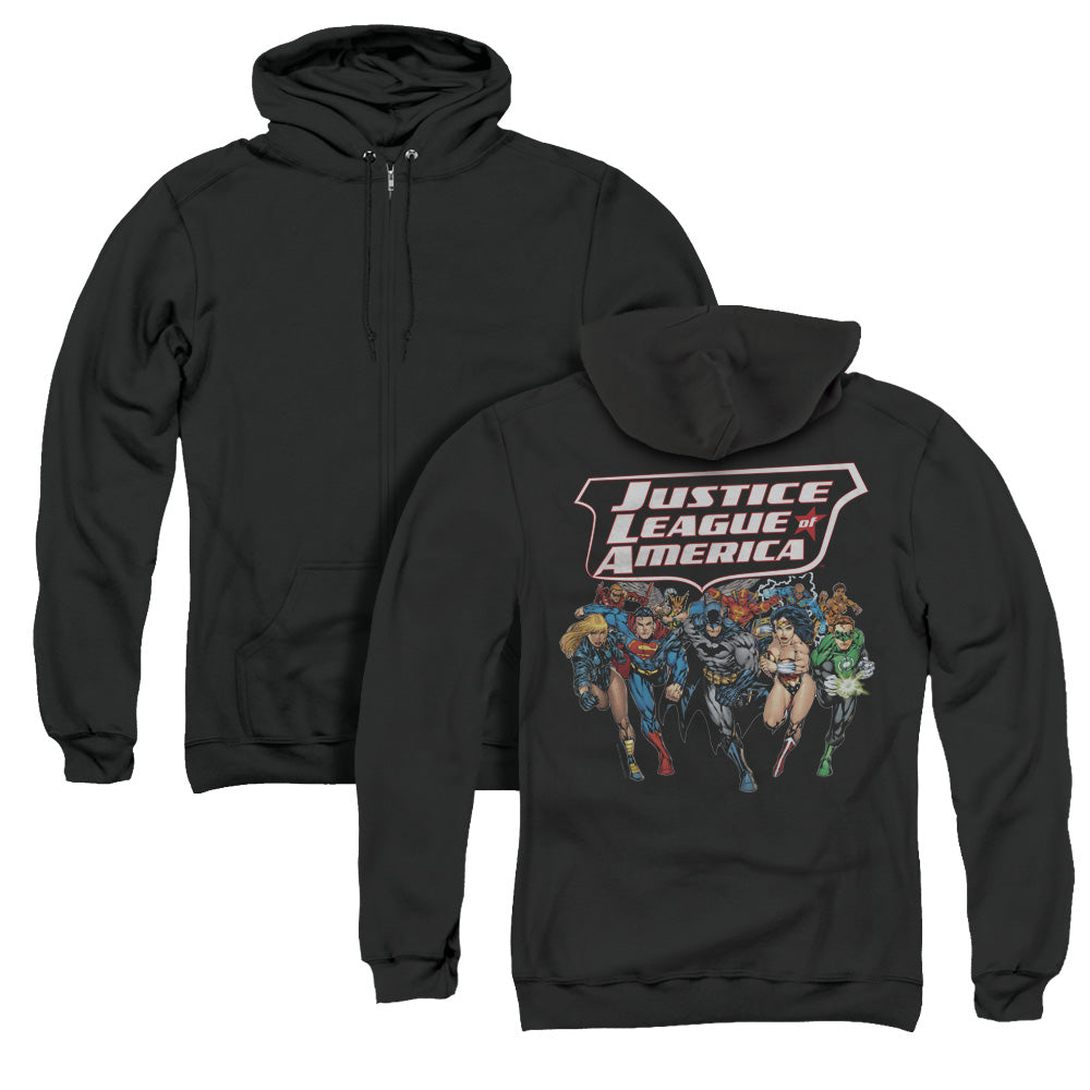 Jla/charging Justice (back Print) - Adult Zipper Hoodie - Black