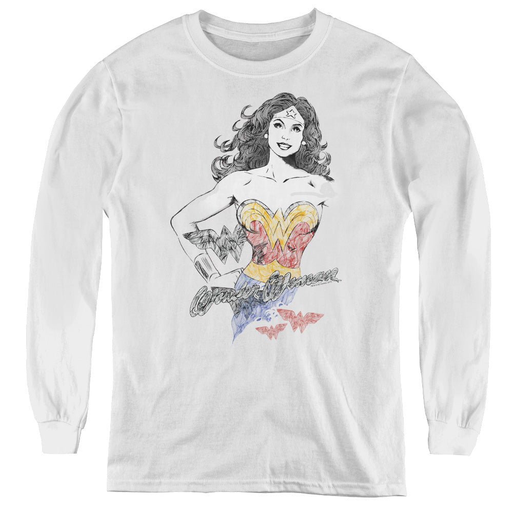 Dco Jla/wonder Squiggles - Youth Long Sleeve Tee - White