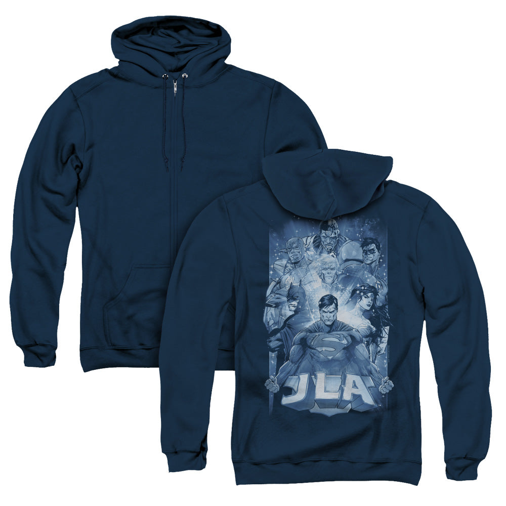 Jla/burst (back Print) - Adult Zipper Hoodie - Navy