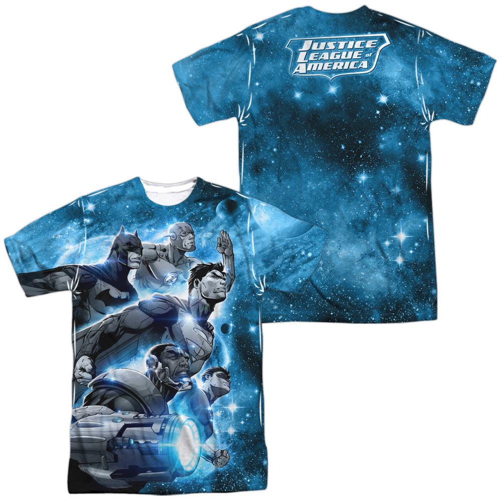 Jla/atmospheric (front/back Print) -  S/s Adult 100% Poly Crew - White
