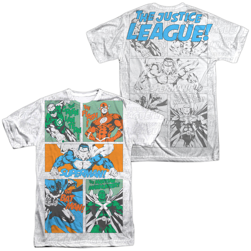 Jla/justice Panels (front/back Print)-s/s Adult Poly Crew-white