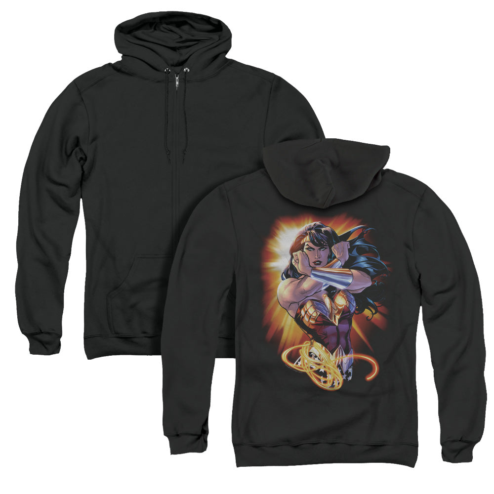 Jla/wonder Rays (back Print) - Adult Zipper Hoodie-black