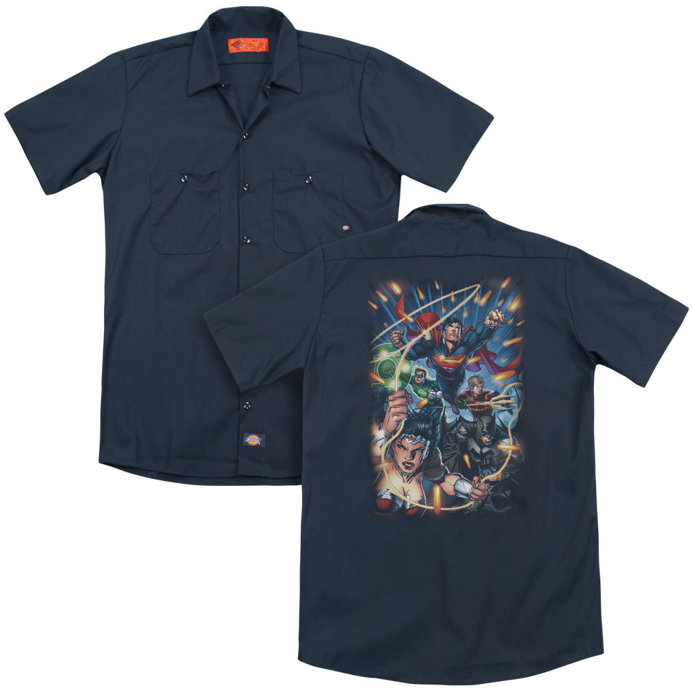 Jla/under Attack(back Print) - Adult Work Shirt - Navy