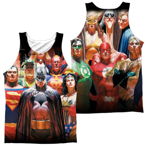 Jla/wall Of Heroes (front/back Print)-adult 100% Poly Tank Top-white